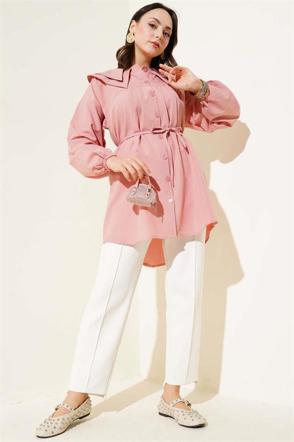 Double Collar Rope Belted Shirt Powder