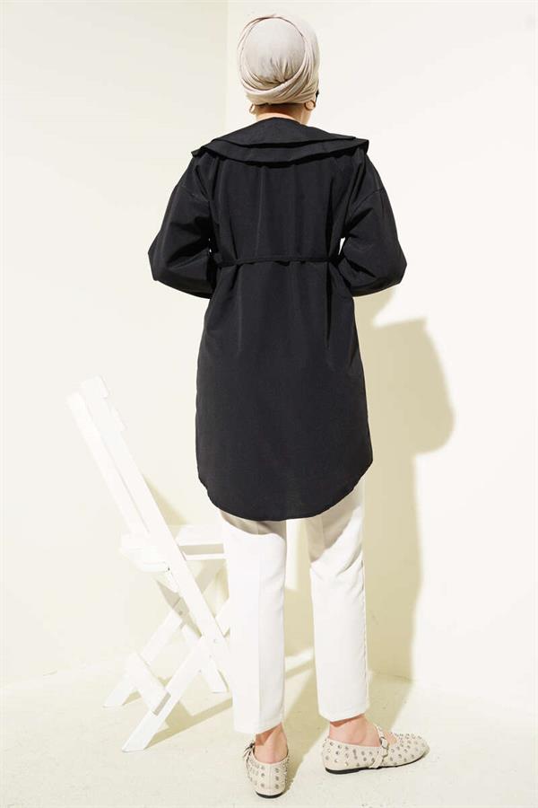 Double Collar Rope Belted Shirt Black