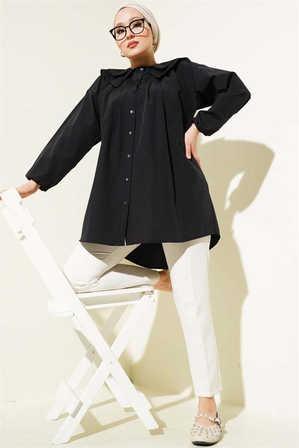 Double Collar Rope Belted Shirt Black