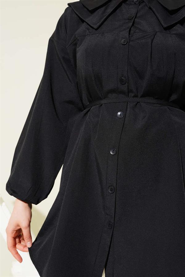 Double Collar Rope Belted Shirt Black