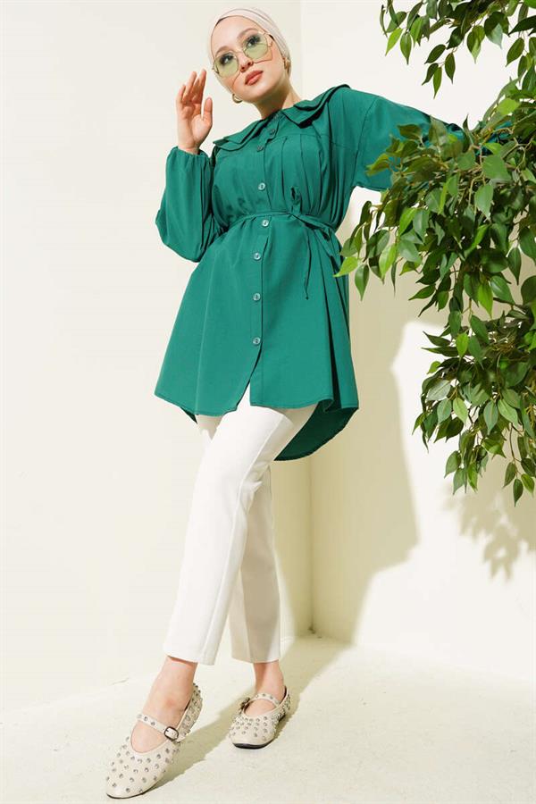 Double Collar Rope Belted Shirt Emerald