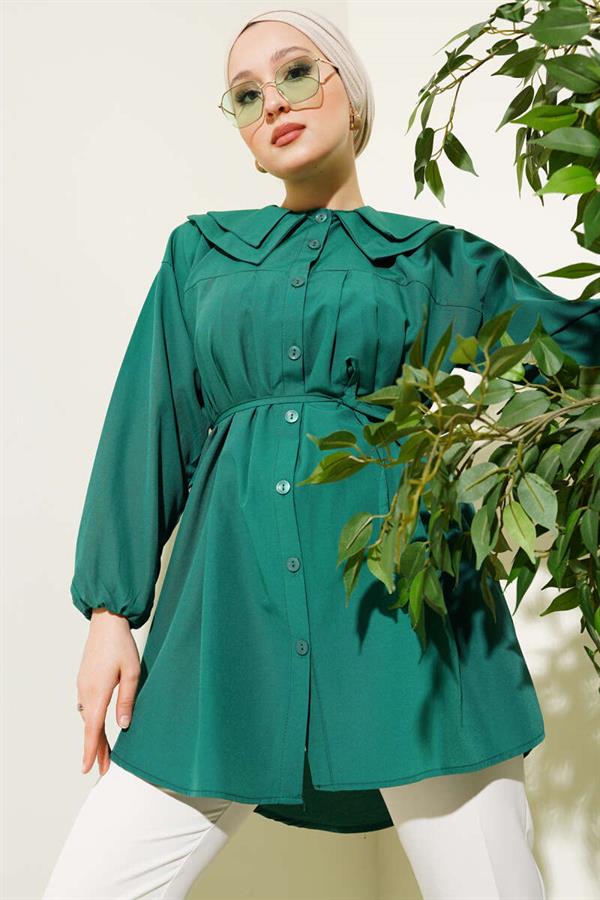 Double Collar Rope Belted Shirt Emerald