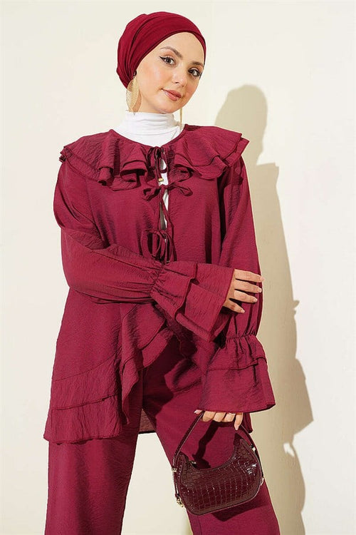 2 Piece Set with Double Collar and Lace-up, Burgundy