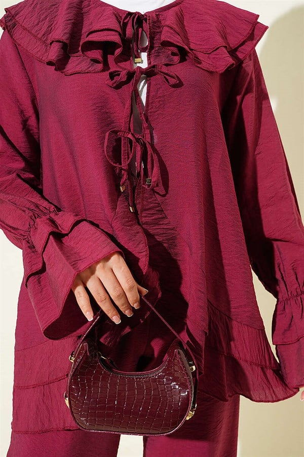 2 Piece Set with Double Collar and Lace-up, Burgundy