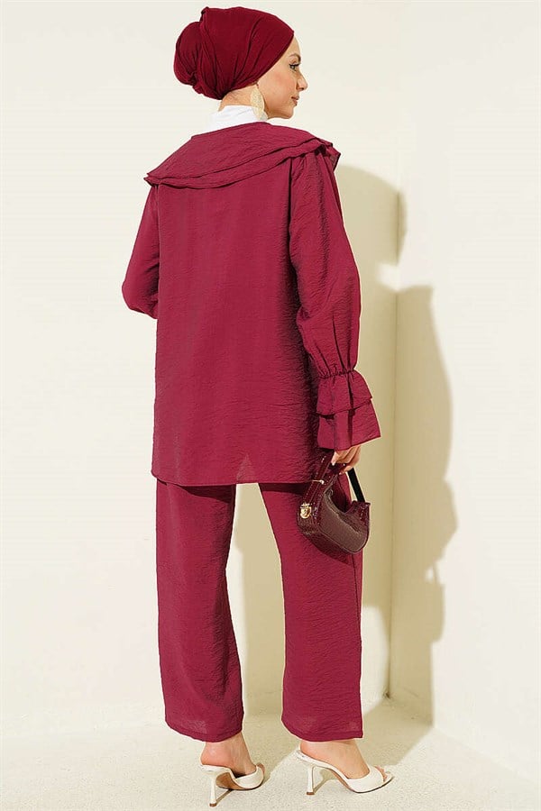 2 Piece Set with Double Collar and Lace-up, Burgundy