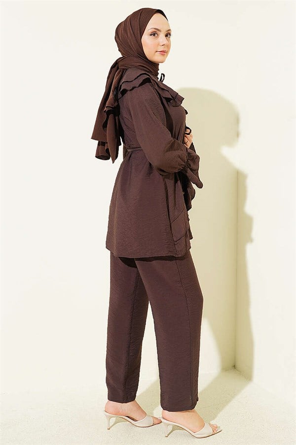 Double Collar Lace-Up 2 Piece Set in Coffee
