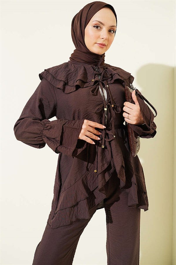 Double Collar Lace-Up 2 Piece Set in Coffee