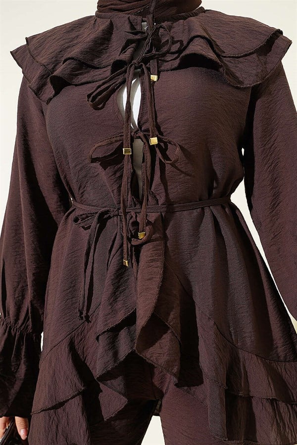 Double Collar Lace-Up 2 Piece Set in Coffee