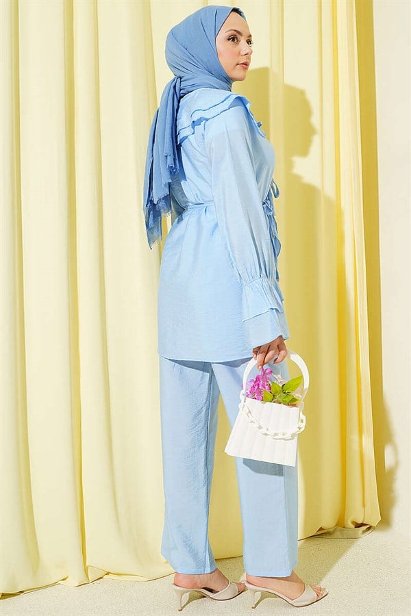 Double Collar Lace-Up 2 Piece Set, Blue