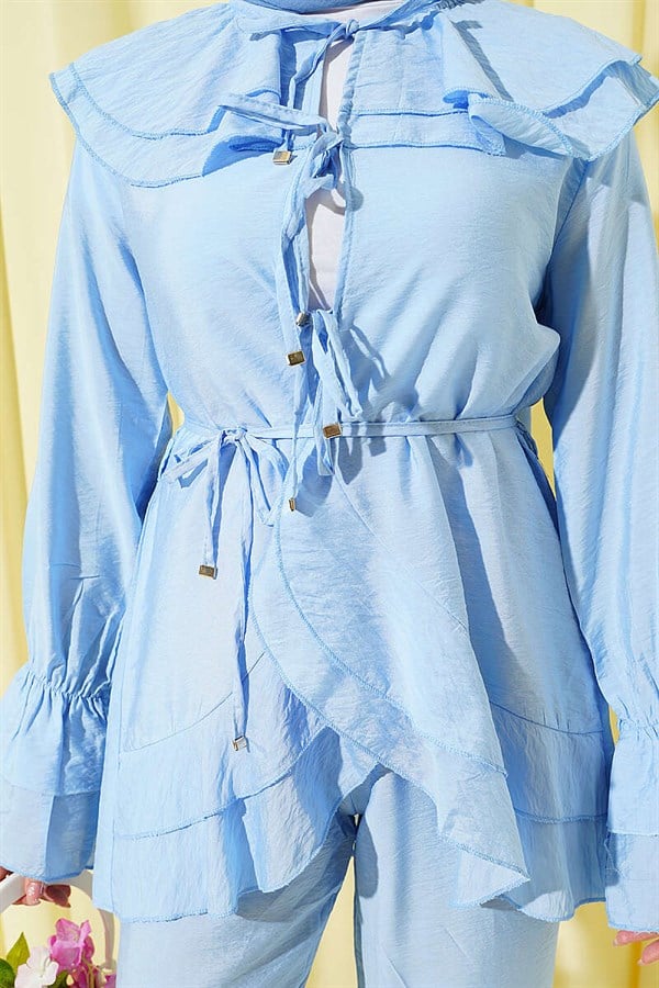 Double Collar Lace-Up 2 Piece Set, Blue