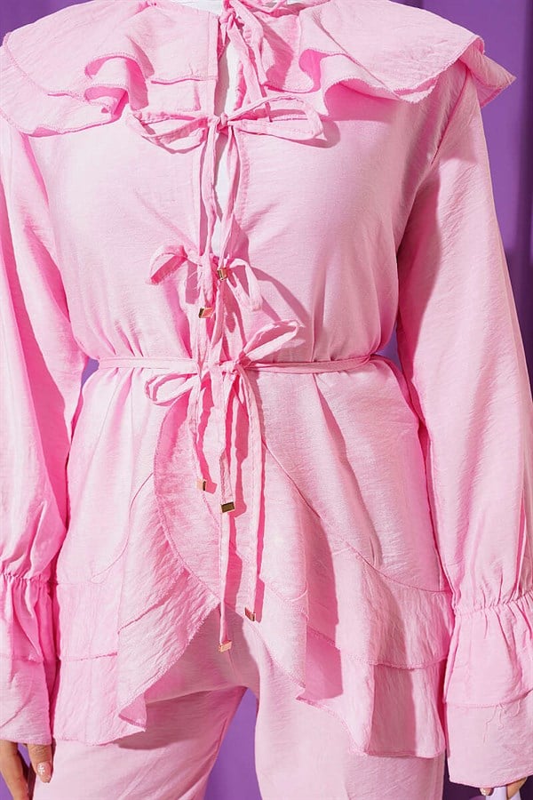 Double Collar Lace-Up 2 Piece Set in Pink