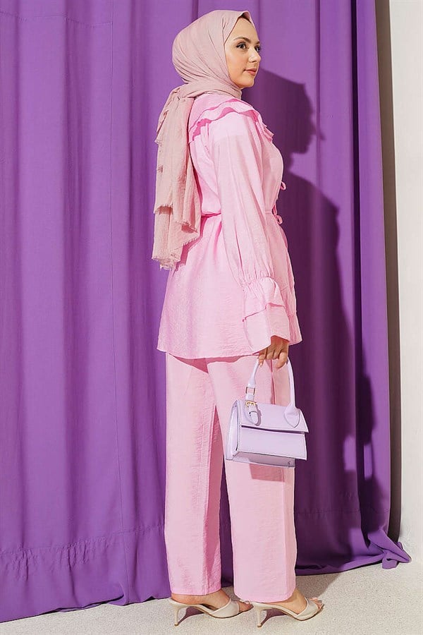 Double Collar Lace-Up 2 Piece Set in Pink