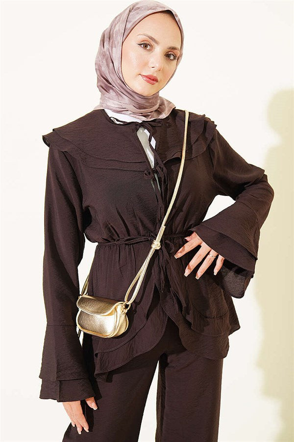 Double Collar, Elastic Waist 2 Piece Set, Dark Brown