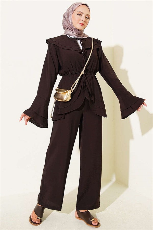 Double Collar, Elastic Waist 2 Piece Set, Dark Brown
