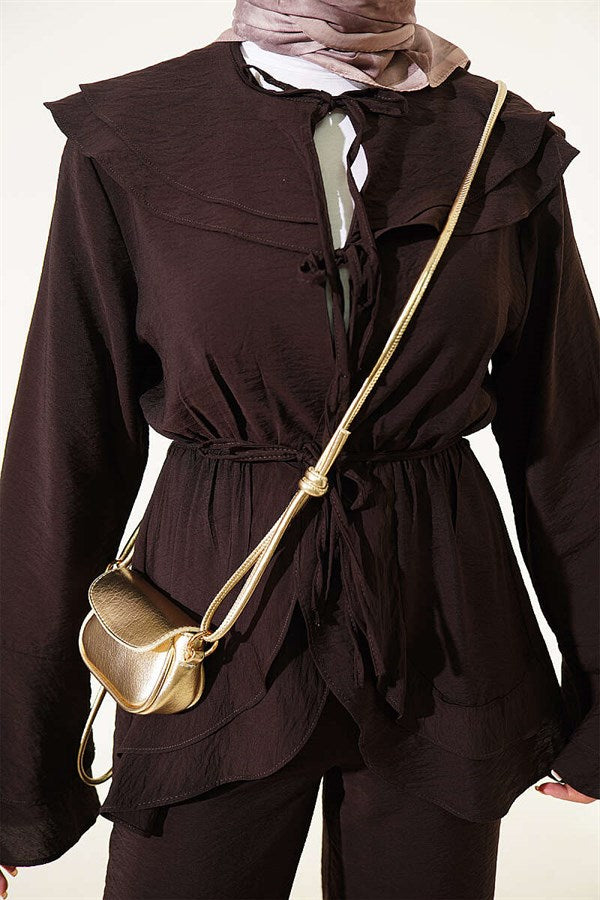 Double Collar, Elastic Waist 2 Piece Set, Dark Brown