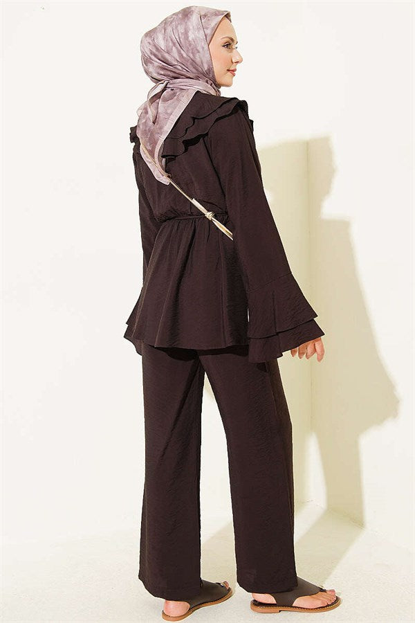 Double Collar, Elastic Waist 2 Piece Set, Dark Brown