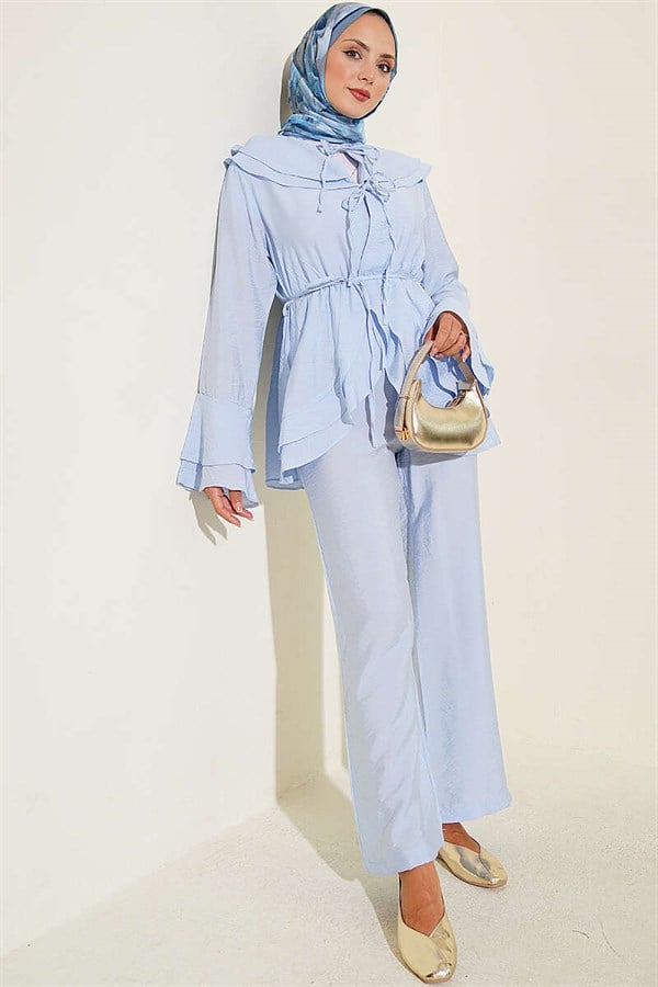 Double Collar 2 Piece Set with Elastic Waistband, Baby Blue