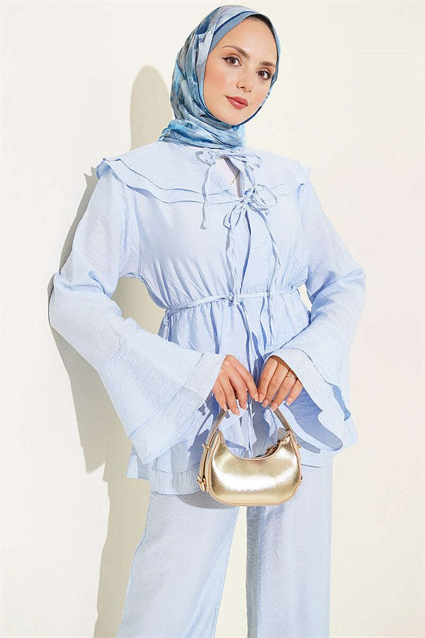 Double Collar 2 Piece Set with Elastic Waistband, Baby Blue