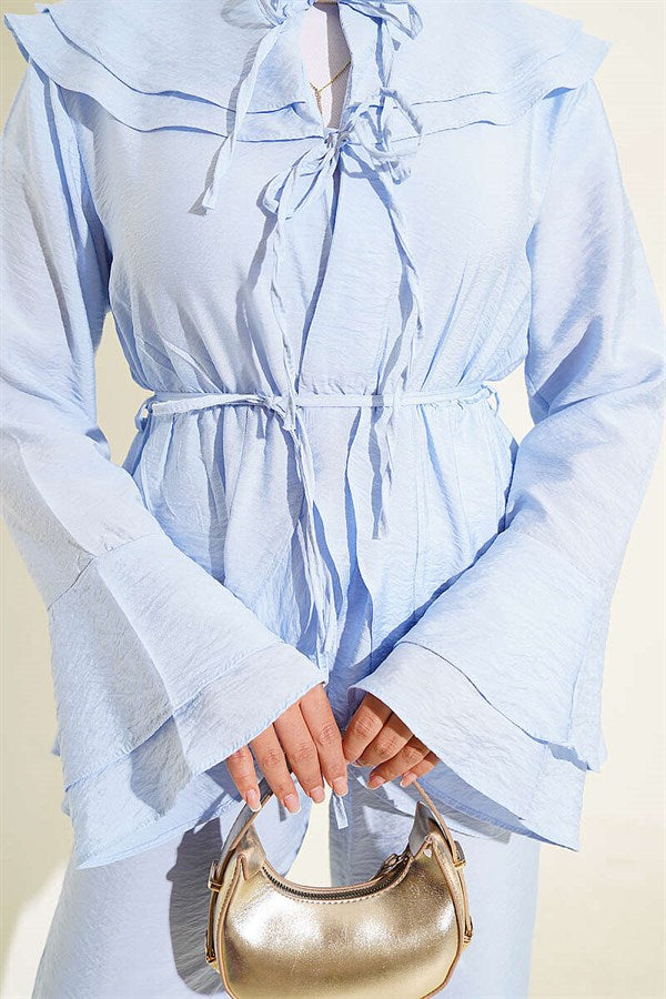 Double Collar 2 Piece Set with Elastic Waistband, Baby Blue