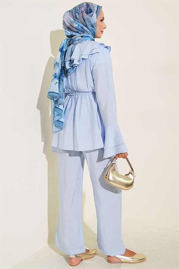 Double Collar 2 Piece Set with Elastic Waistband, Baby Blue