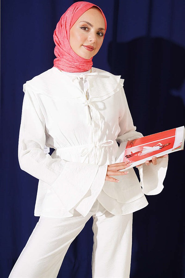 2 Piece Set with Double Collar and Elastic Waistband, White