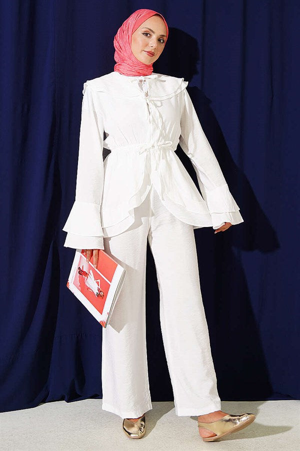 2 Piece Set with Double Collar and Elastic Waistband, White