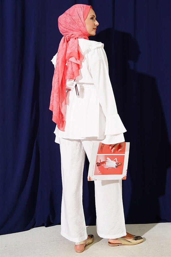 2 Piece Set with Double Collar and Elastic Waistband, White