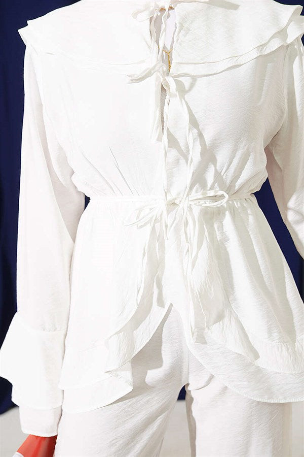2 Piece Set with Double Collar and Elastic Waistband, White