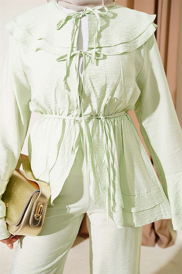 Double Collar, Elastic Waistband 2 Piece Set, Mint