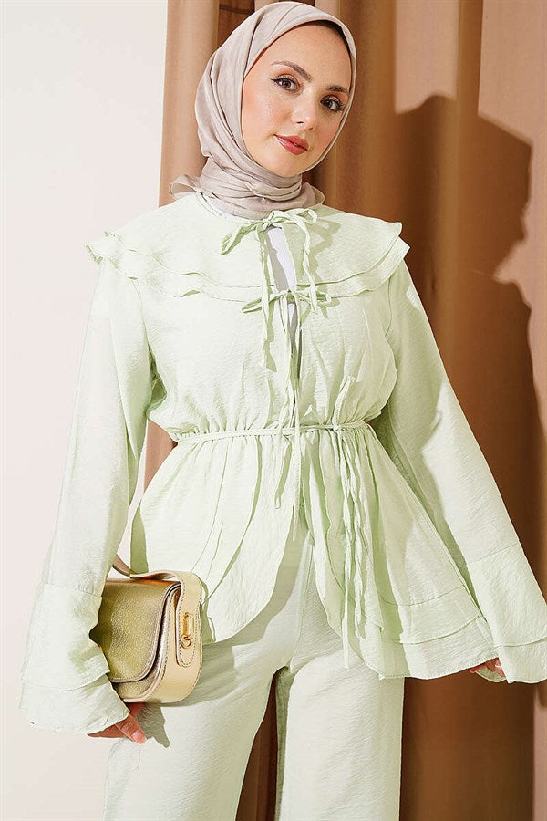Double Collar, Elastic Waistband 2 Piece Set, Mint