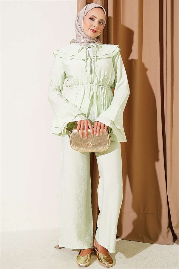 Double Collar, Elastic Waistband 2 Piece Set, Mint
