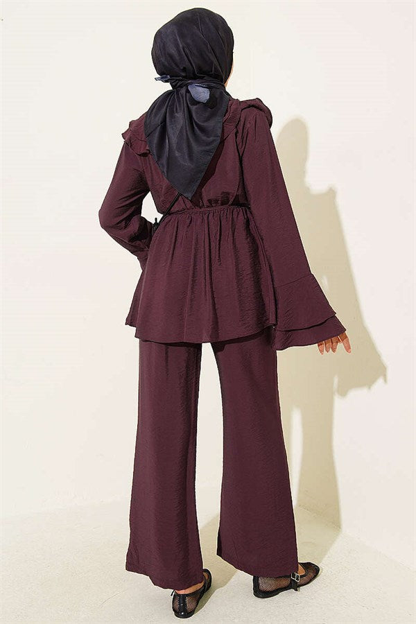 Double Collar, Elastic Waist 2 Piece Set, Plum