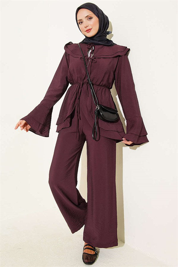 Double Collar, Elastic Waist 2 Piece Set, Plum