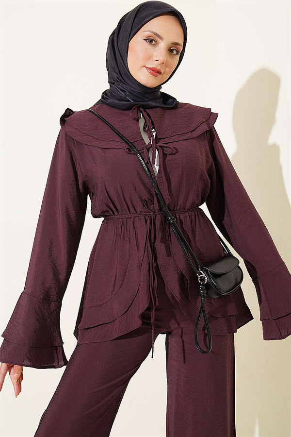 Double Collar, Elastic Waist 2 Piece Set, Plum