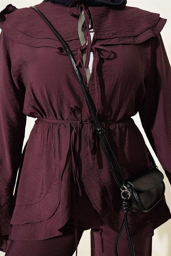 Double Collar, Elastic Waist 2 Piece Set, Plum
