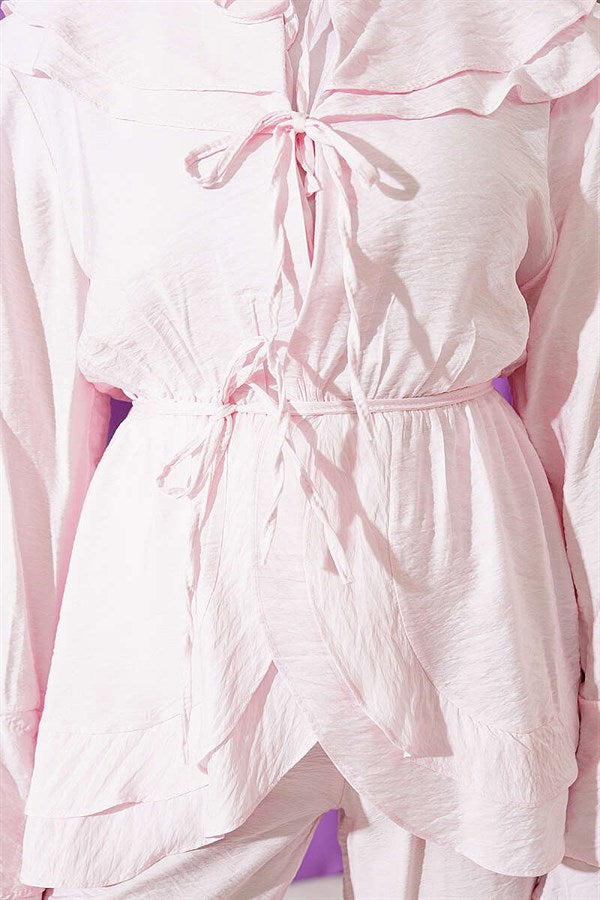 2 Piece Set with Double Collar and Elastic Waistband, Pink