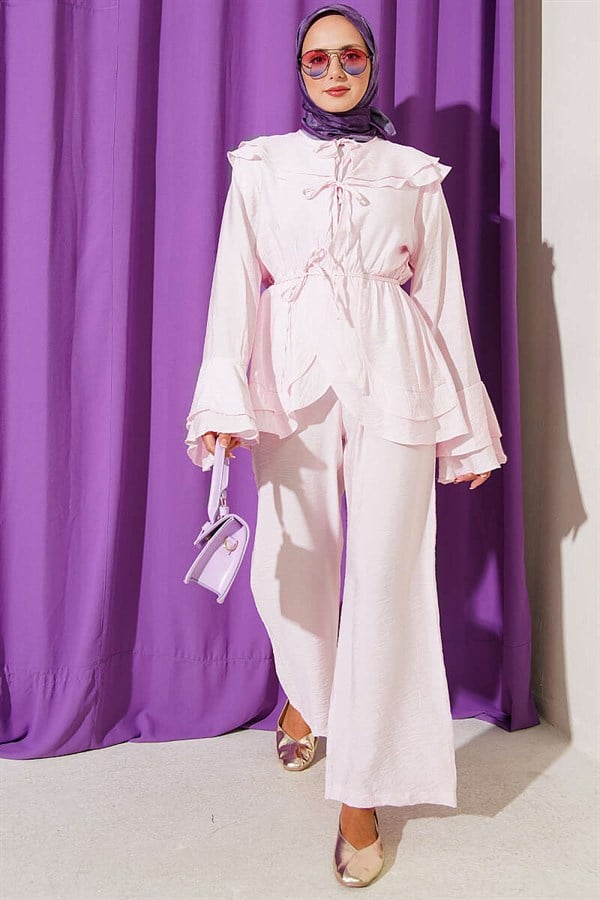 2 Piece Set with Double Collar and Elastic Waistband, Pink