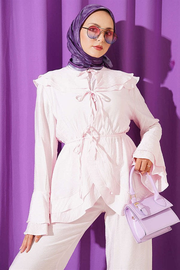 2 Piece Set with Double Collar and Elastic Waistband, Pink