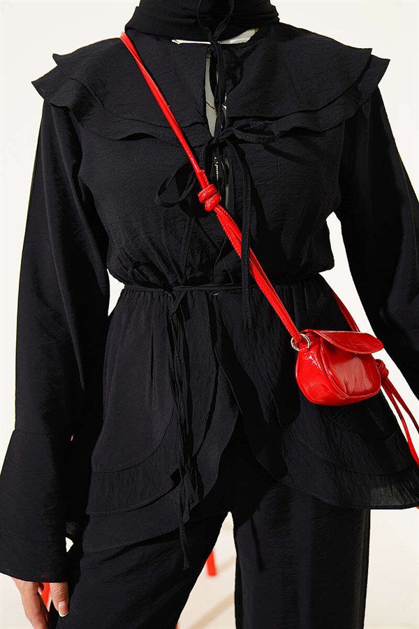2 Piece Set with Double Collar and Elastic Waistband, Black