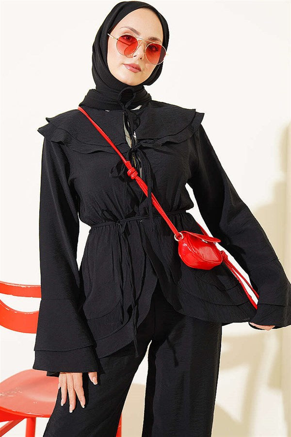 2 Piece Set with Double Collar and Elastic Waistband, Black