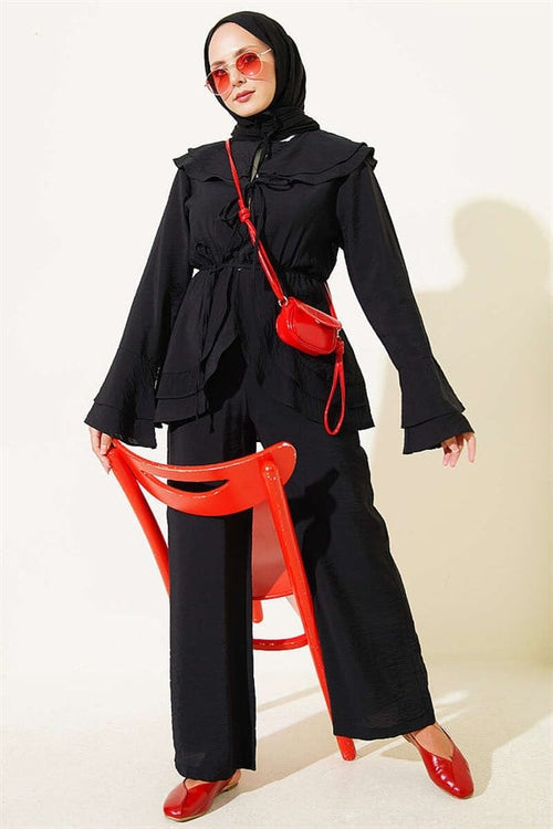 2 Piece Set with Double Collar and Elastic Waistband, Black