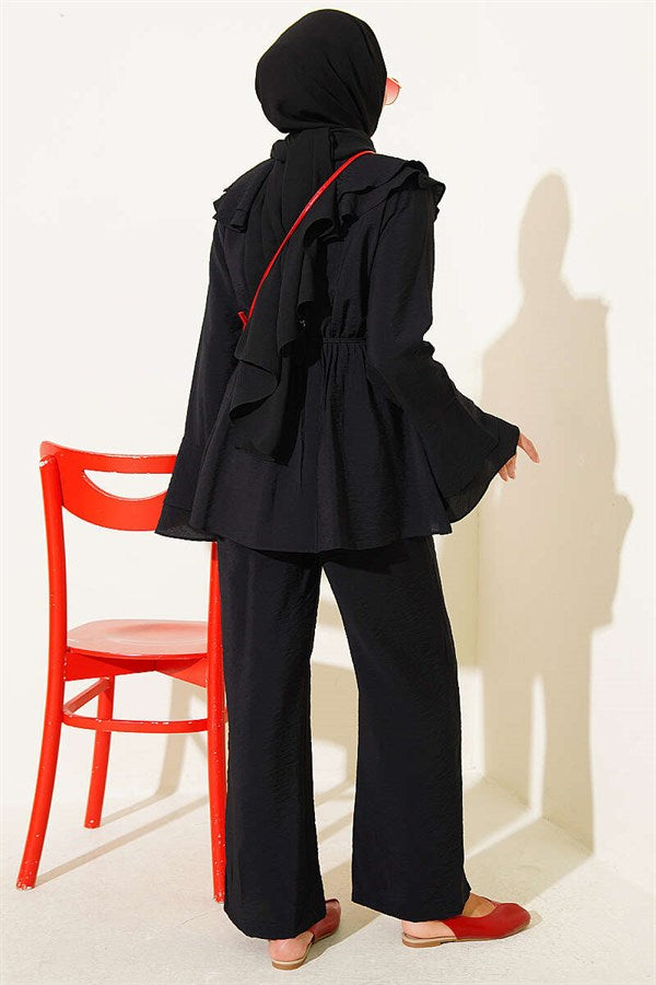 2 Piece Set with Double Collar and Elastic Waistband, Black