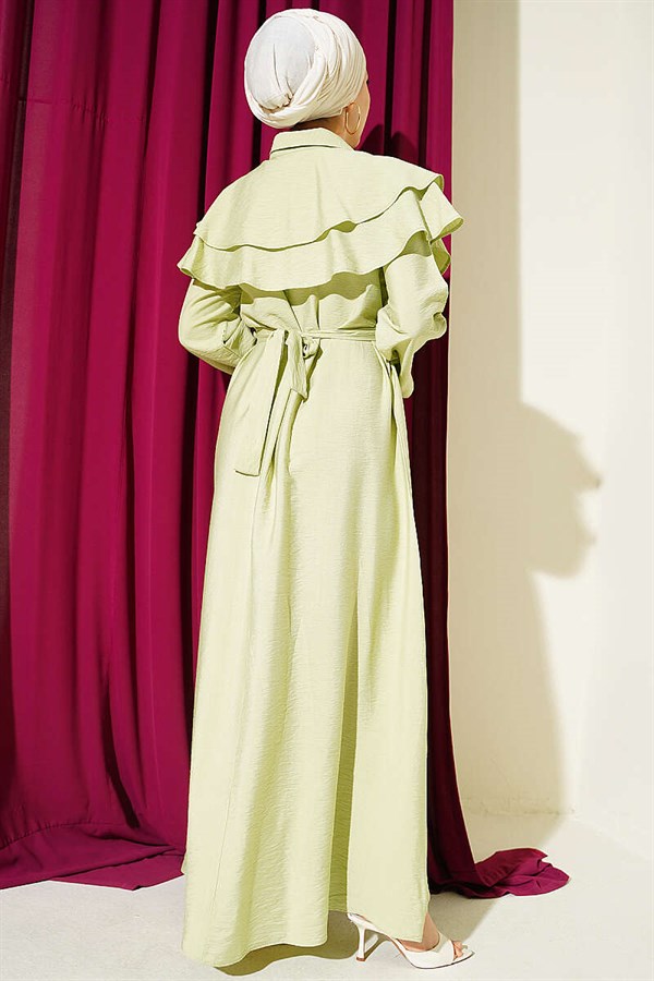 Double-collared dress with gold buttons and belt, mint green.
