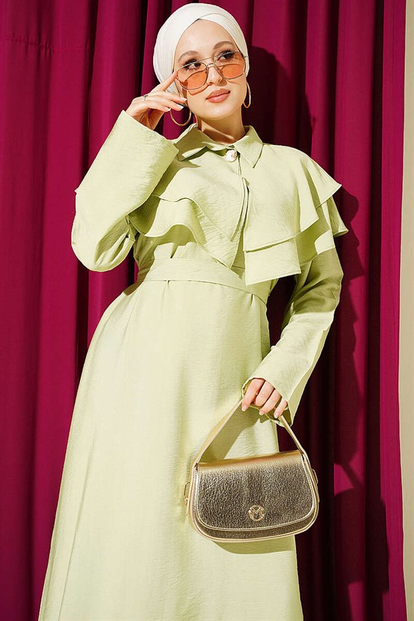 Double-collared dress with gold buttons and belt, mint green.