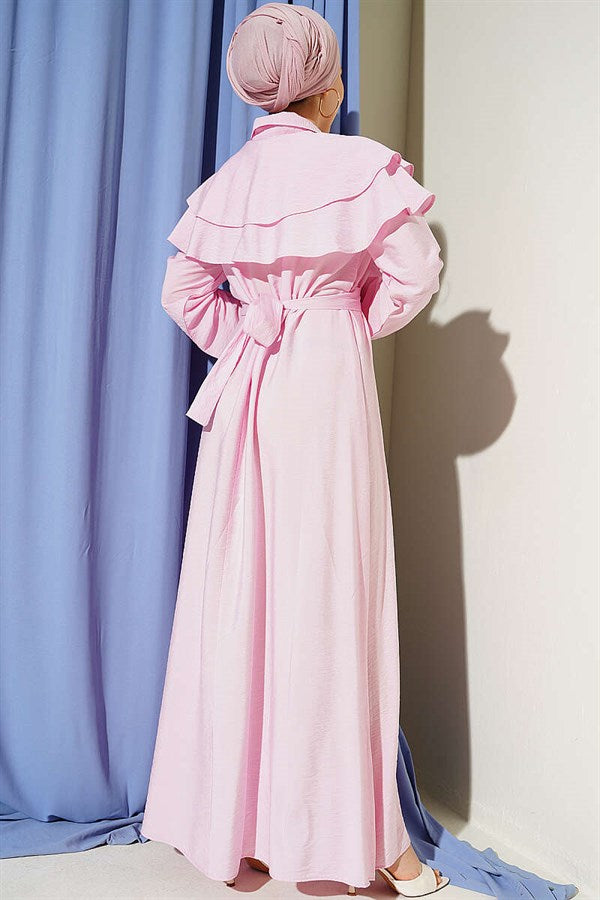 Pink Dress with Double Collar, Gold Buttons and Belt