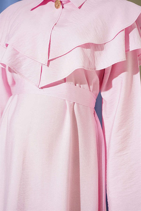Pink Dress with Double Collar, Gold Buttons and Belt