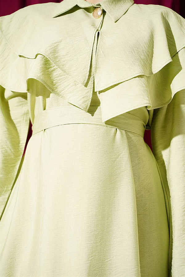 Double-collared dress with gold buttons and belt, mint green.