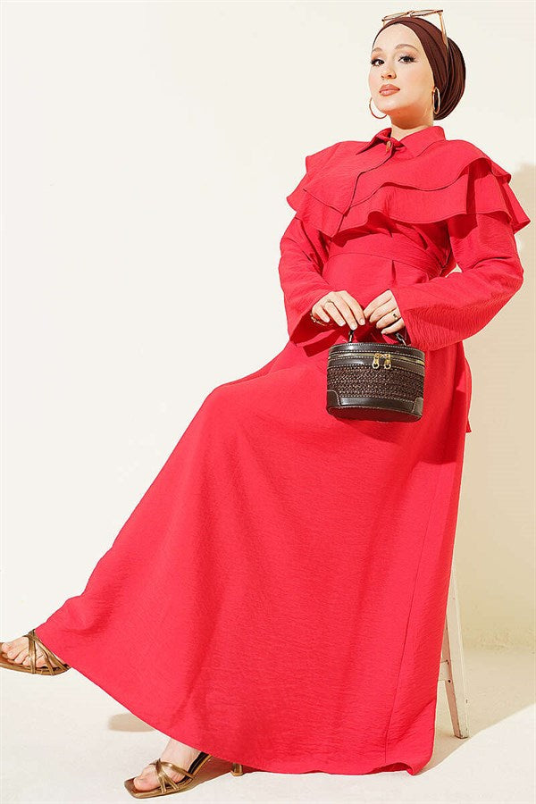 Double Collar Gold Buttoned Belted Dress Red