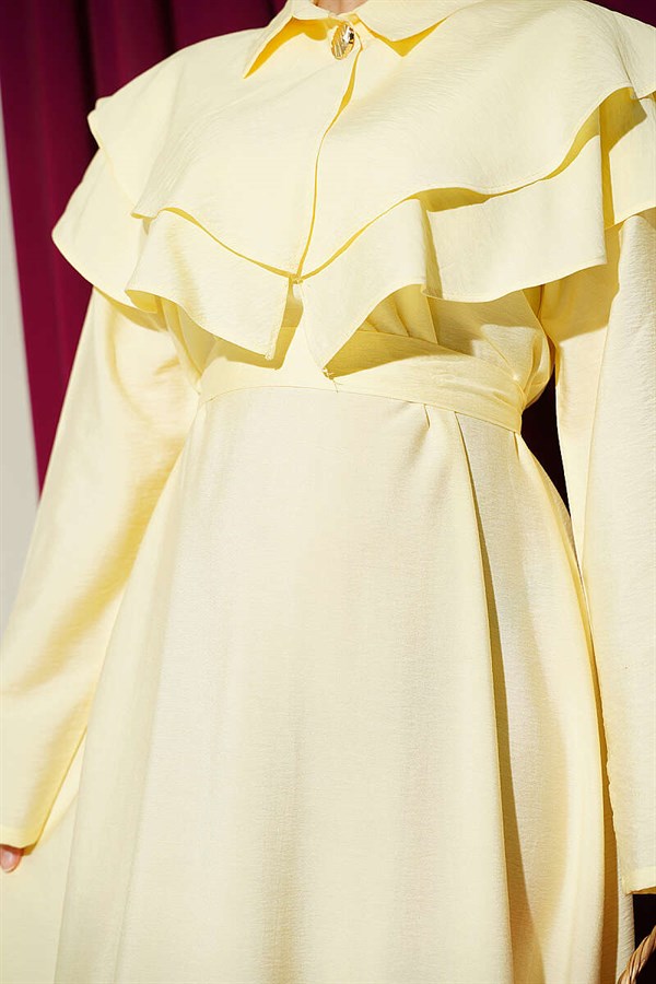 Double Collar Gold Buttoned Belted Dress Yellow
