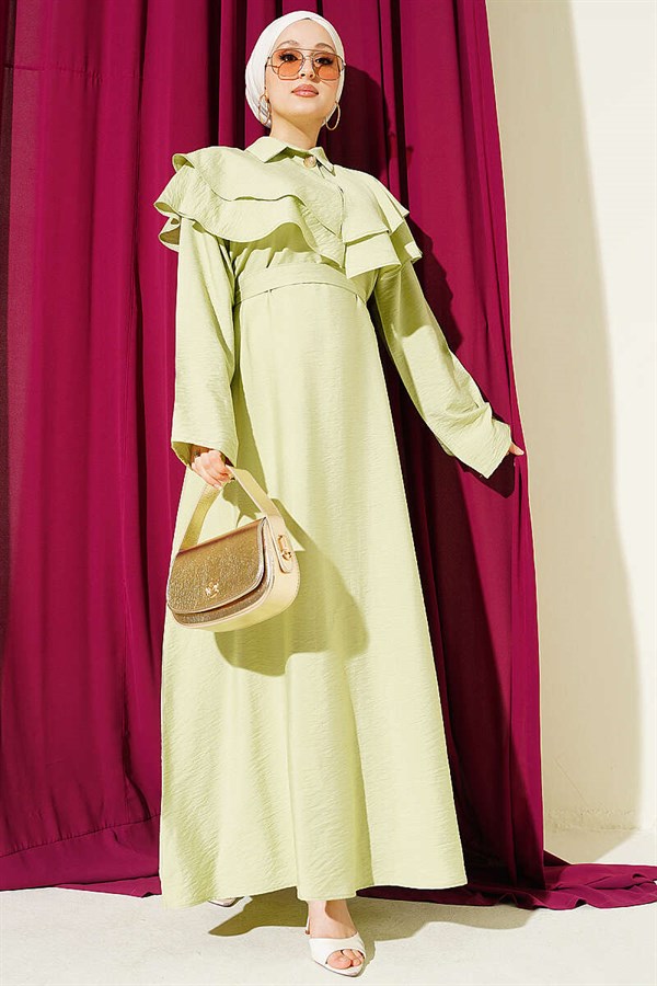 Double-collared dress with gold buttons and belt, mint green.